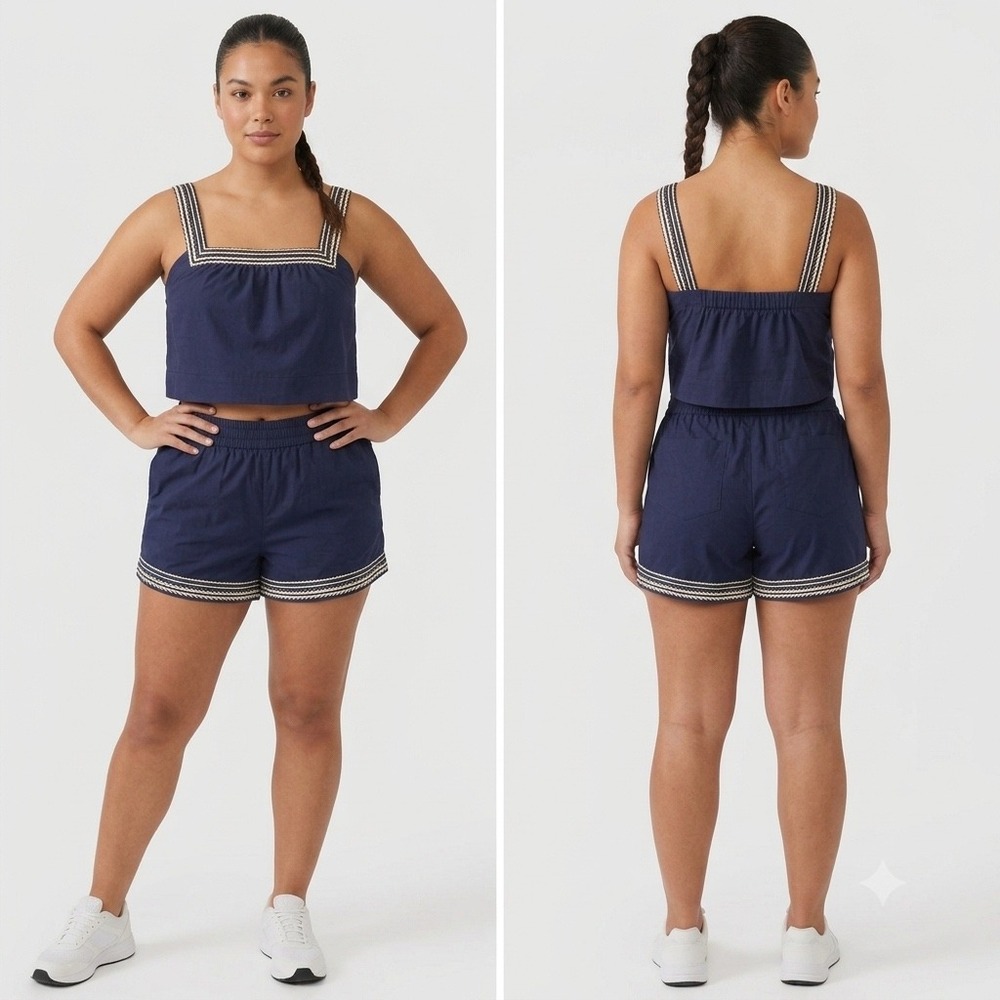 NEW Caroline Constas Navy Blue Embroidered Crop Top and Shorts Set Large